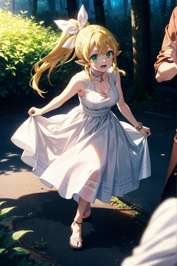 Suguhakirigaya, Suguhakirigaya, Long Hair,Blonde,Green Eyes,Pointy Ears,happy smile, smile, Open your mouth,hair ribbon,ponytail,White sleeveless dress, bare arms,Green long skirt,Cute Sandals,Walking,Clear skies,whole bodyがイラストに入るように,
break outdoors, nature, forest,
break looking at viewer, whole body,
break (masterpiece:1.2), Highest quality, High resolution, unity 8k wallpaper, (shape:0.8), (Beautiful attention to detail:1.6), Highly detailed face, Perfect lighting, Extremely detailed CG, (Perfect hands, Perfect Anatomy),