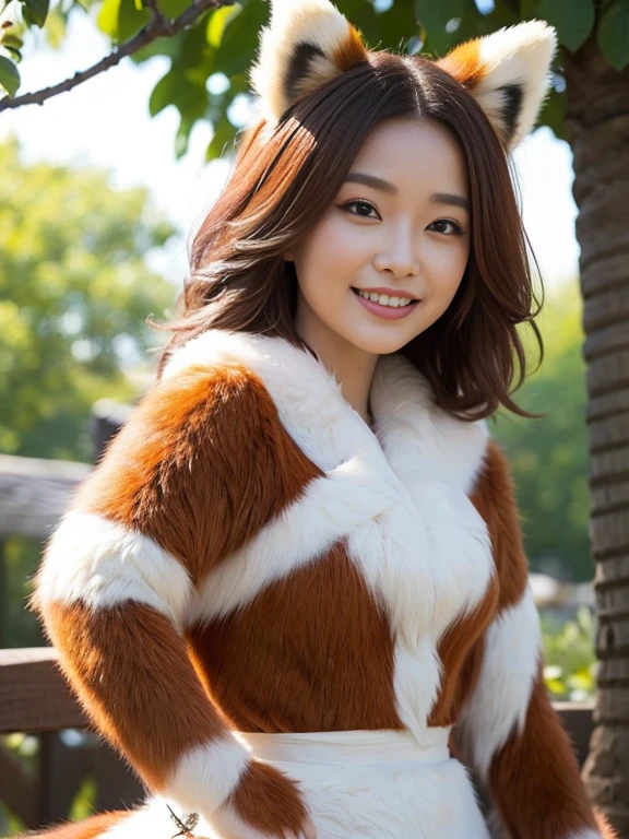 ((best quality)), ((masterpiece)), (detailed), perfect face, red panda lady, pretty woman, public, A tail is growing, She has a fluffy tail, She has a tail, It has a tail, smile