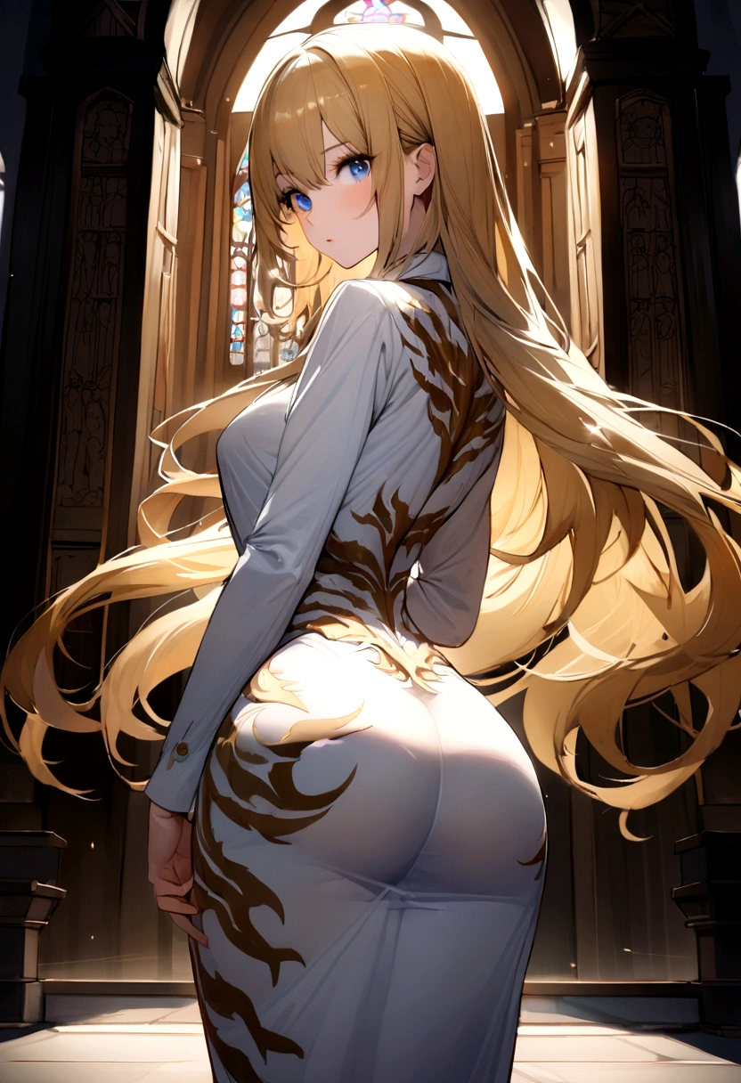 A woman,A devout believer,Long blond hair,Exquisite,Slim waist,pubic,cathedral,Lying on the ground,,Straight buttocks,View from behind,
