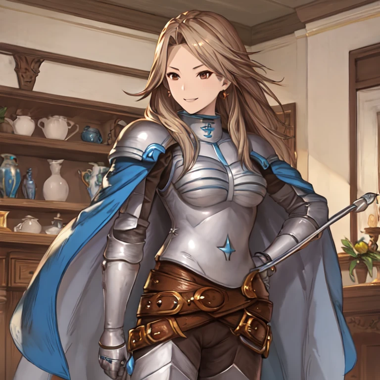 katalina (granblue fantasy), solo, 1girl, armor, gauntlets, belt, breastplate, shoulder armor, cape, cape covers, pauldrons, pants, room, smile, standing, best quality, masterpiece