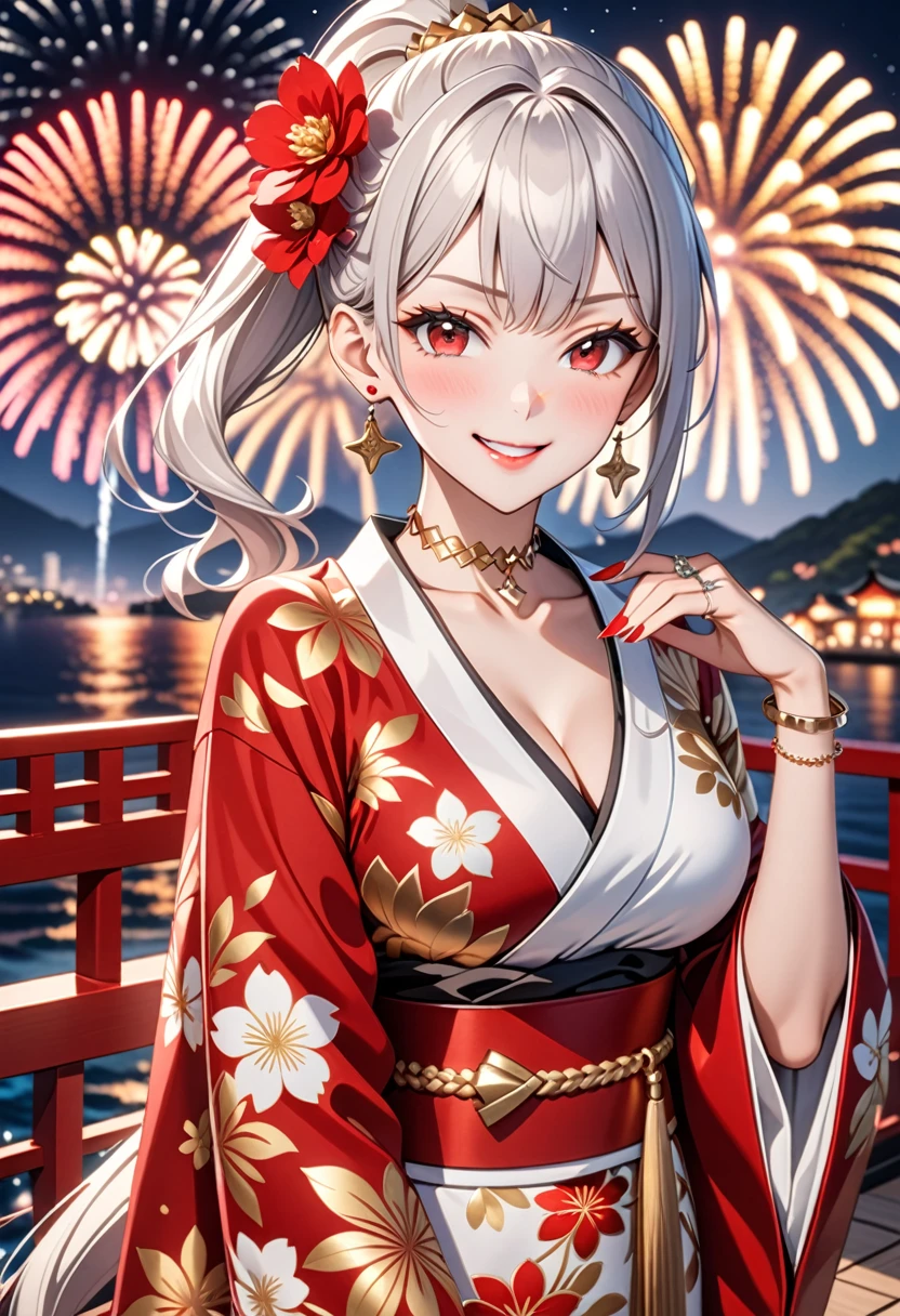 ((One personの女性)), Beautiful Face, (Laughing embarrassedly), (smirk:1.4), ((Wink:1.5)), (head tilt:1.3), Laugh with your mouth wide open, upper teeth, looking at viewer, (Doing sexy poses), ((Bright red cheeks:1.4)), Glossy Red Lips, night,Terrace with sea view, firework, Glossy pink lips, Shining Face, ((Anime style background)),masterpiece, Highest quality, so beautiful,up to date, Complex details, (long nails of red color), (nail art), (ring),(bracelet),(Floral choker), (helix piercing), AI-generated, Complex,High resolution, Highest quality, super high quality,3D Images、3D Images,One person,Long white hair,High Ponytail, Anime woman posing for a photo, (Silvery white, lightly pigmented eyes:1.2), ((Fine grain、Bluish, lightly pigmented eyes、Shining Eyes:1.3)), (Squint your eyes:1.1),a hyperRealistic , hyperRealistic , Realistic,Anime woman with long white hair, Smooth anime CG art, (A woman in a colorful kimono with gold embroidery), ((Black long sleeve kimono:1.3)), Red floral pattern,Long flower hair ornament,Earrings,Mature Body,(Big Breasts:1.2),Tall,Abdominal muscles,Tight waist, ((face focus:1.5)), (dutch angle:1.3),