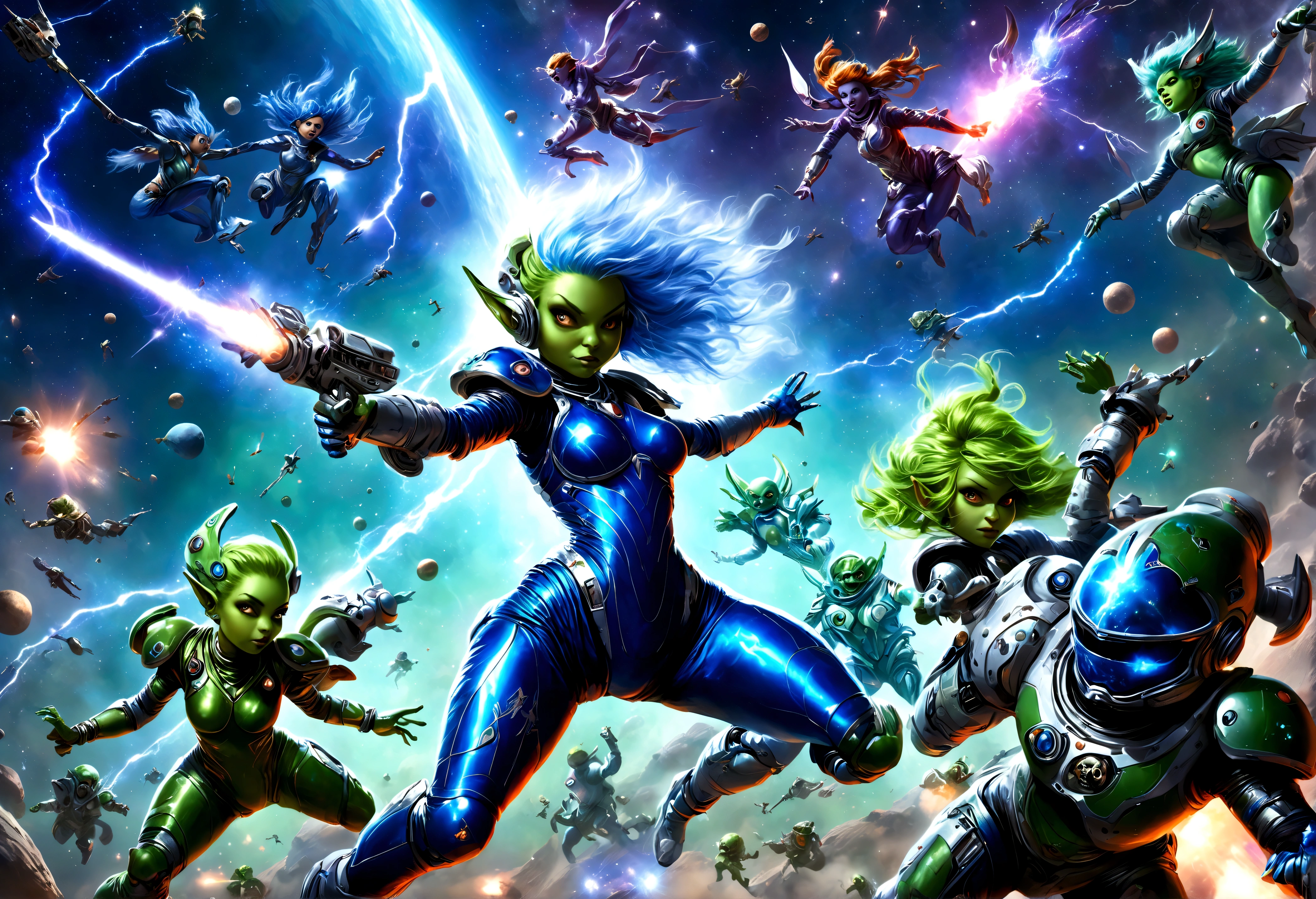 A battle is happening in space. Space fairies (cute women in sparkly blue sexy outfits that leave sparkling magic trails) are shooting lightning at space goblins (hot ugly women, green skin, a little chunky, big tits, wide hips, scrap metal space suits, scrap metal ships, scrap metal weapons, skull insignias) the goblins and fairies are having a epic space battle, magical fight in space