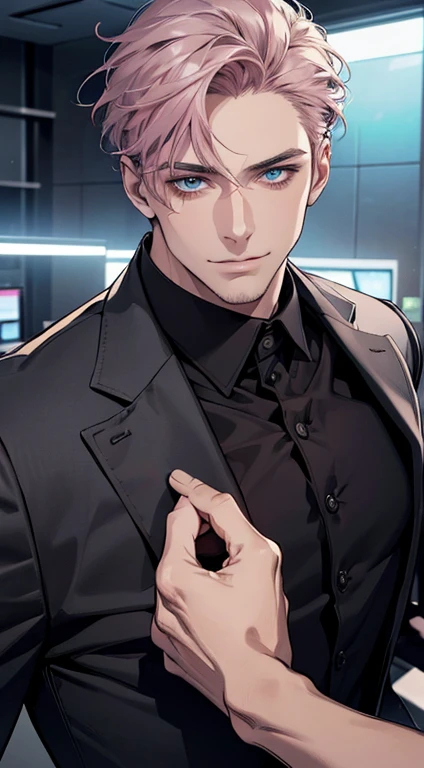 (best quality,4k,8k,highres,masterpiece:1.2),ultra-detailed,(realistic,photorealistic,photo-realistic:1.37),1 man,31 years old,mature man,very handsome,without expression,smile,short grey pink hair,blue eyes,penetrating gaze,perfect face without errors,imposing posture,businessman,office background,cinematic lighting,hdr image