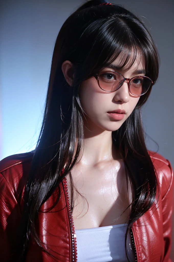 masterpiece,The best quality at its best,High resolution,8K,((Portraiture)),(Head close-up),Original photo,Actual photo,Digital photography,(Cyberpunk style female special forces fighter),(special forces),20 year old girl,Long ponytail,redい帽子、With bangs,The amount of hair is amazing,redい目、No hair),Big Breasts,Chest groove,(A wealth of ornaments,Futuristic holographic glasses,Tactical Helmet),Lips parted,Make your lips look more attractive and glamorous,serious and arrogant,calm and handsome,(special forces outfit,Combat Uniform,Leather jacket,red),Photo pose,Cyberpunk characters,Sci-Fi Style,Gray background,oc rendering reflection texture