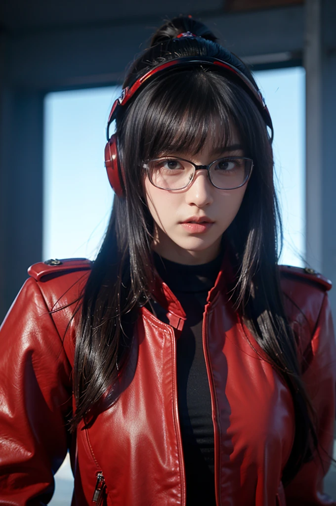 masterpiece,The best quality at its best,High resolution,8K,((Portraiture)),(Head close-up),Original photo,Actual photo,Digital photography,(Cyberpunk style female special forces fighter),(special forces),20 year old girl,Long ponytail,redい帽子、With bangs,The amount of hair is amazing,redい目、No hair),Big Breasts,Chest groove,(A wealth of ornaments,Futuristic holographic glasses,Tactical Helmet),Lips parted,Make your lips look more attractive and glamorous,serious and arrogant,calm and handsome,(special forces outfit,Combat Uniform,Leather jacket,red),Photo pose,Cyberpunk characters,Sci-Fi Style,Gray background,oc rendering reflection texture