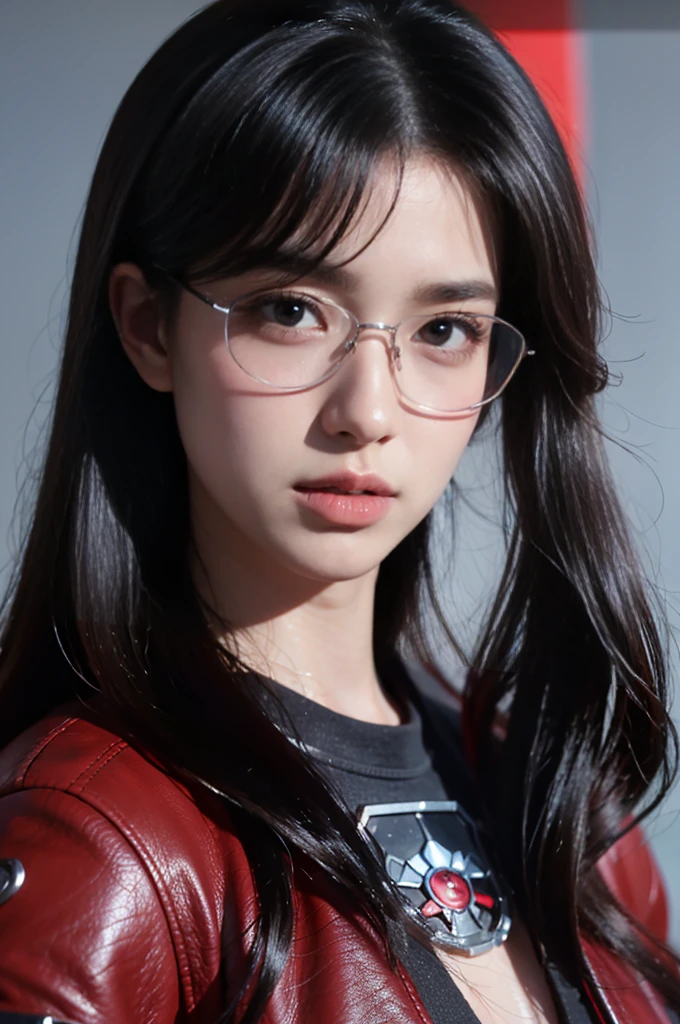 masterpiece,The best quality at its best,High resolution,8K,((Portraiture)),(Head close-up),Original photo,Actual photo,Digital photography,(Cyberpunk style female special forces fighter),(special forces),20 year old girl,Long ponytail,redい帽子、With bangs,The amount of hair is amazing,redい目、No hair),Big Breasts,Chest groove,(A wealth of ornaments,Futuristic holographic glasses,Tactical Helmet),Lips parted,Make your lips look more attractive and glamorous,serious and arrogant,calm and handsome,(special forces outfit,Combat Uniform,Leather jacket,red),Photo pose,Cyberpunk characters,Sci-Fi Style,Gray background,oc rendering reflection texture