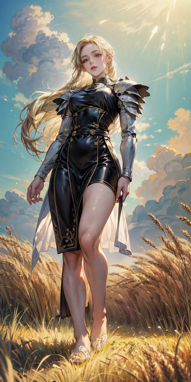 stunning painting of a knight with blonde hair, wheat field, epic clouds ((painterly)) ((impressionist)) vibrant, soft edges (((warm glow))) full body whole body view from below 1sologirl, feet together