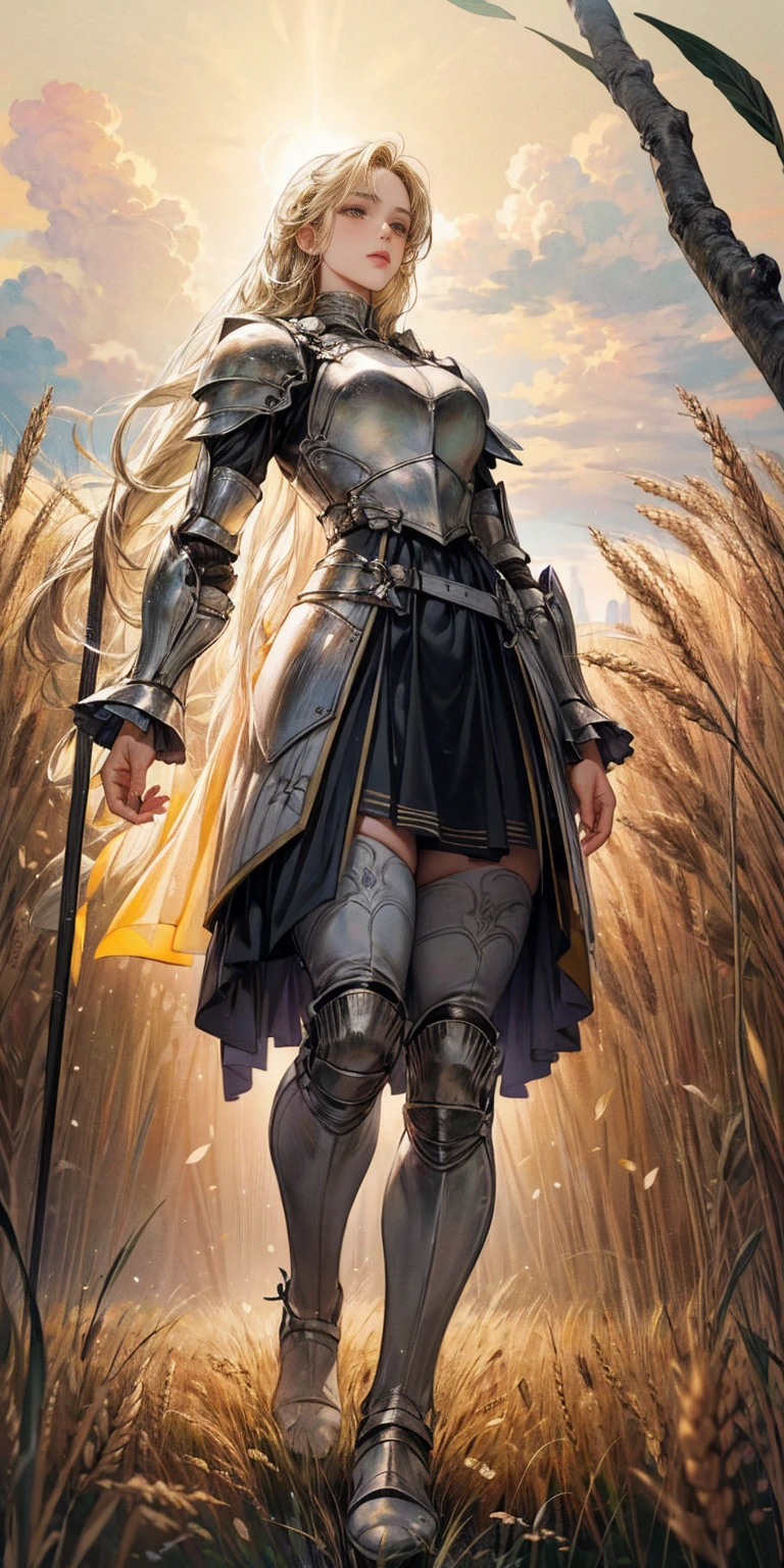 stunning painting of a knight with blonde hair, wheat field, epic clouds ((painterly)) ((impressionist)) vibrant, soft edges (((warm glow))) full body whole body view from below 1sologirl, feet together