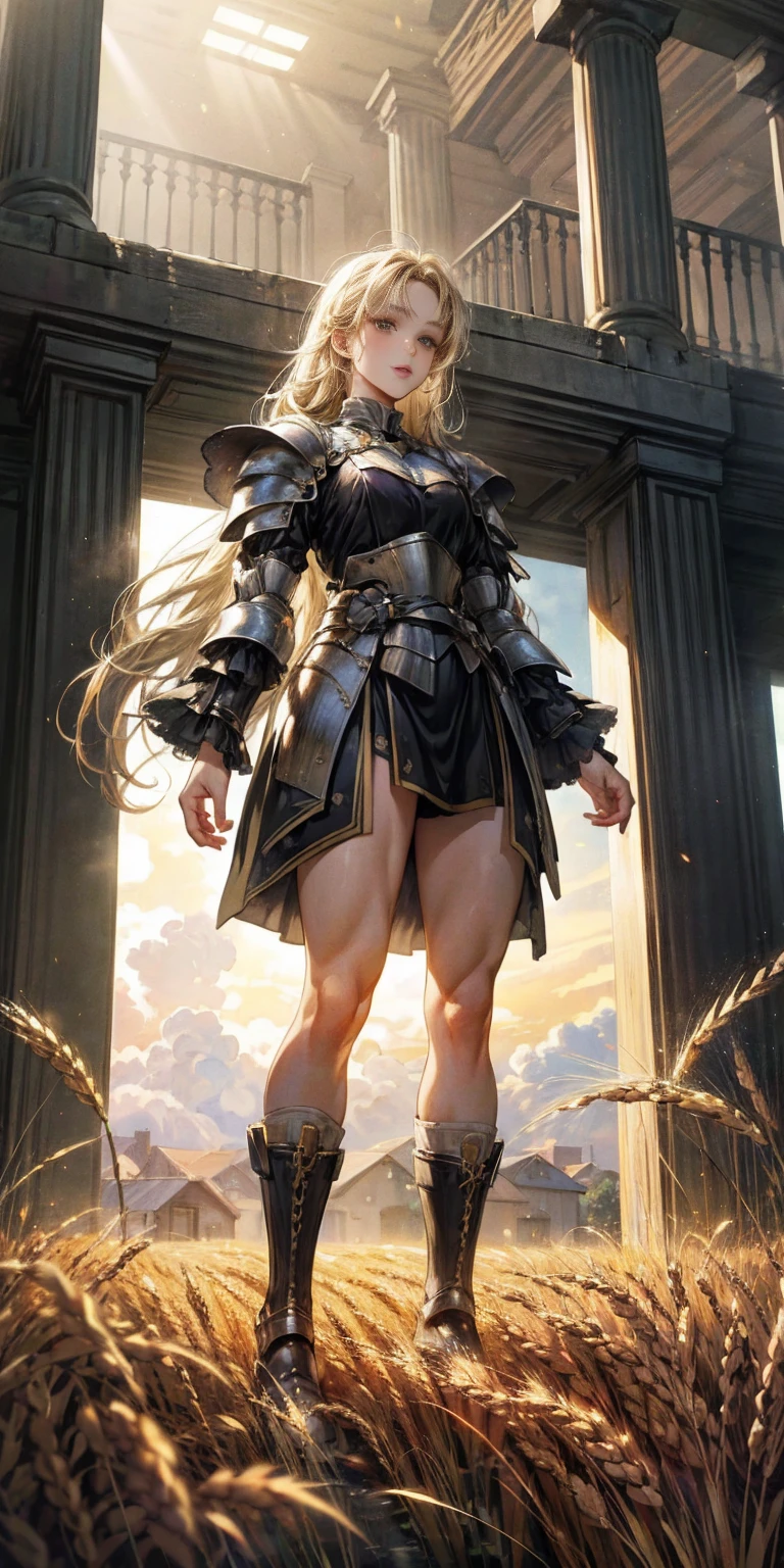 stunning painting of a knight with blonde hair, wheat field, epic clouds ((painterly)) ((impressionist)) vibrant, soft edges (((warm glow))) full body whole body view from below 1sologirl, feet together