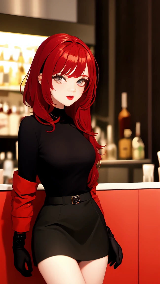 woman with red hair, with red eyeliner, makeup, light lipstick, red jacket, black gloves, tight and smooth black skirt, black shirt, in front of a bar