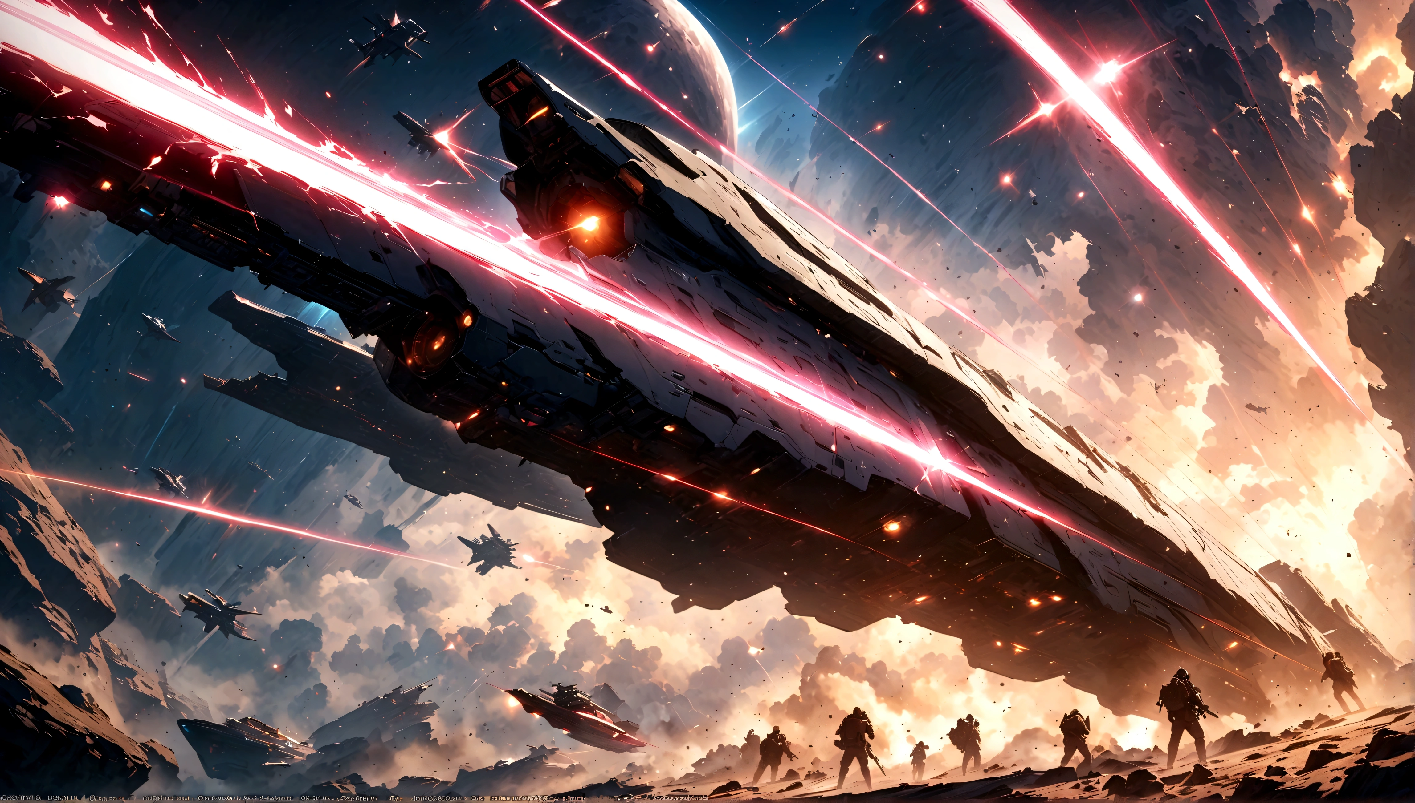 (masterpiece, top quality, best quality, official art, beautiful and aesthetic:1.2), cinematic shot, space warship, war, shooting laser beam, Hollywood sci-fi movie, epic composition, epic proportion, space background, HD
