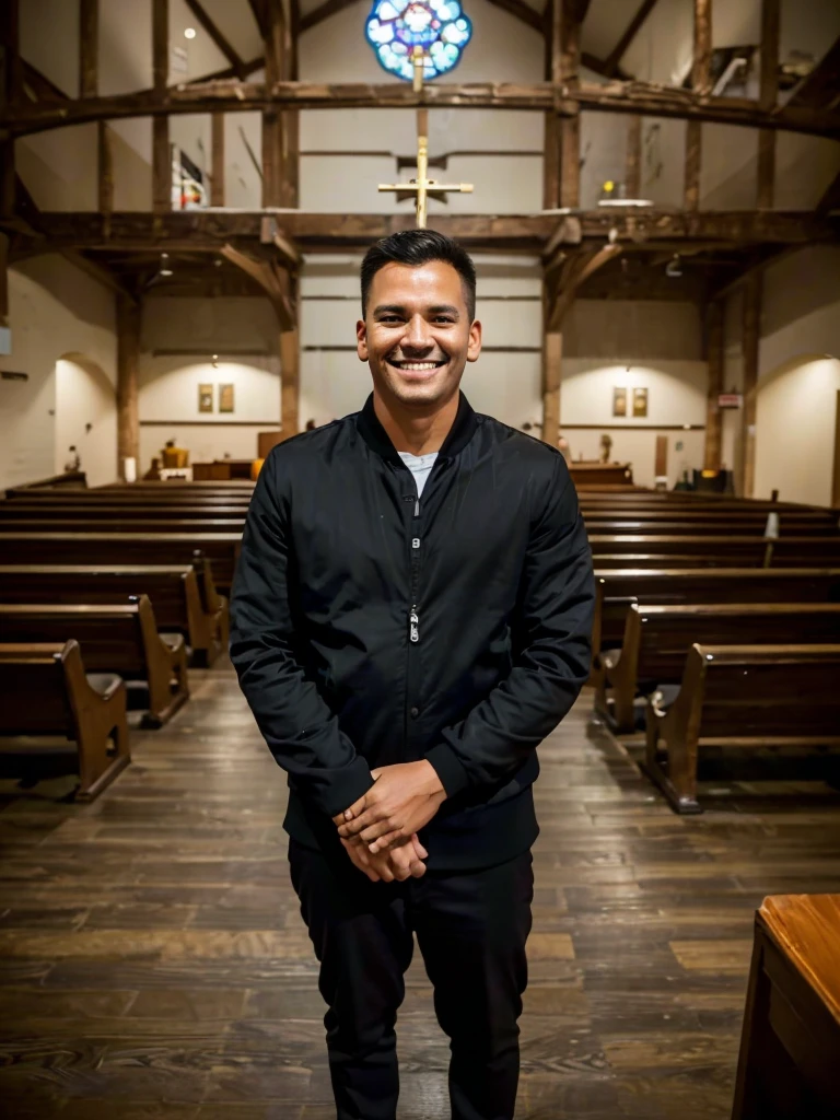 (masutepiece:1.3, Photorealsitic:1.4, 8K), top-quality, masterpiece, 超A high resolution, Perfect dynamic composition, Highly detailed skin and facial texture:1.3, A detailed eye, Detailed limbs,random sight、1 man, independent and brave pastor, around 40s old pastor, Fair skin, ((big smile:0.9,)), ((I am wearing a black jacket and black trousers:1.2)  (Facing the front、looking-down), In front of it there is a large congregation (around 60 people) they sat in church chairs、The background is a beautiful and comfortable church.