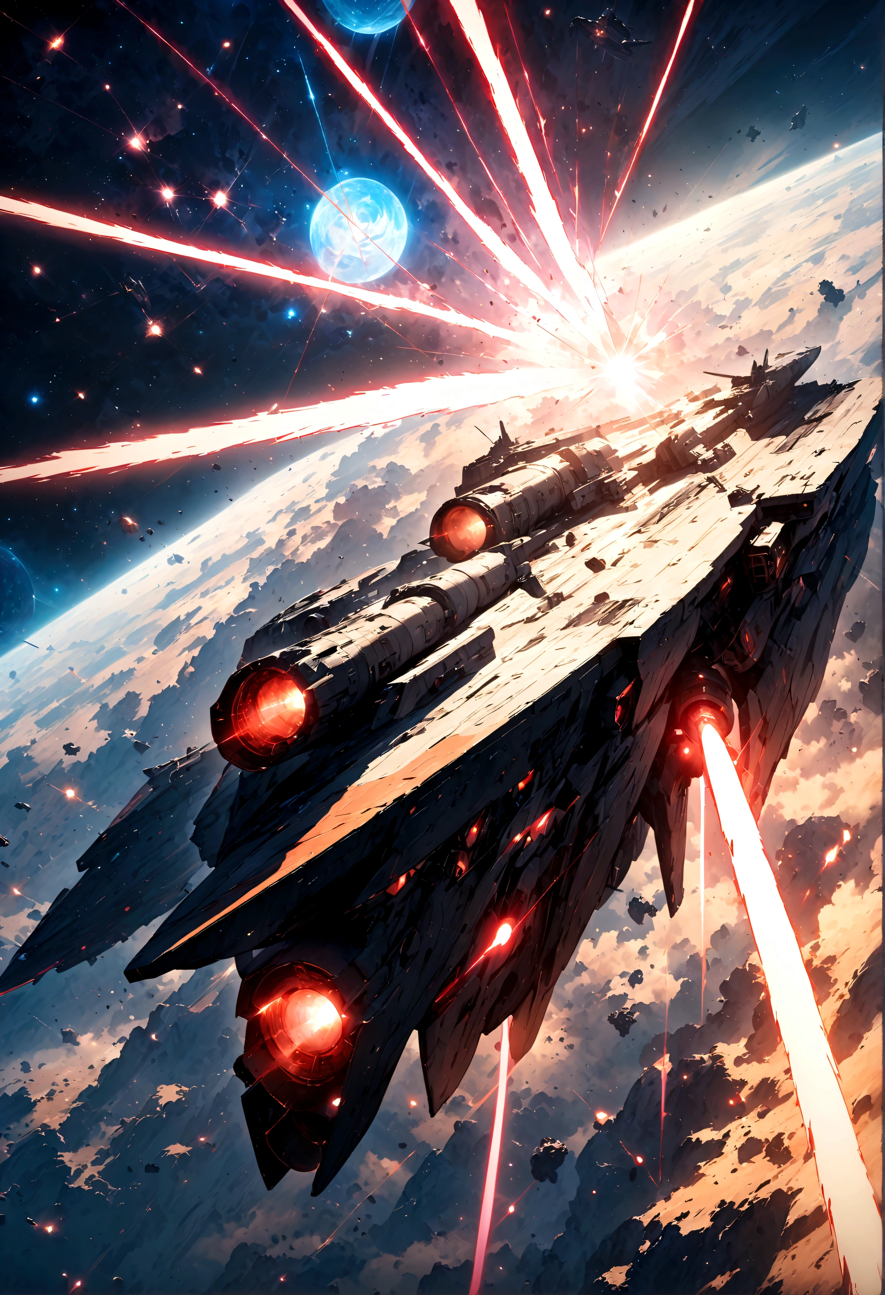(masterpiece, top quality, best quality, official art, beautiful and aesthetic:1.2), cinematic shot, space warship, war, shooting laser beam, Hollywood sci-fi movie, epic composition, epic proportion, space background, HD