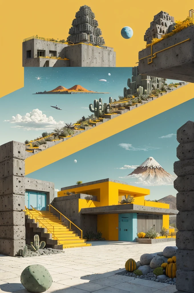 An illustration in collage style, with giant boulders, brutalist building sections, terraces, stairs, cacti, agave, concrete texture, multiple geometric shapes, hatch and cross hatching, planet saturn, volcano, moon, Luis Barragán's architectural style build, milky way galaxy, violet, one motorcycle, An illustration in collage style, with giant boulders, brutalist building sections, stairs, cacti, agave, concrete texture, multiple geometric shapes, hatch and cross hatching, planet saturn, volcano, moon, Luis Barragán's architectural style build, reflective pool, terraces. An elegant and modern build, in top of big boulders, with terraces, materials concrete, wood, steel and crystal, various gardens with tropical vegetation, cacti and rocks, stairs, a pool. In middle of sea, a big wave near, sunset, mountains and a volcano in the horizont, cute islands around, illustration format, cute color palette, detailed, masterpiece, award-winning work, clouds, Illustration, a garden with abundant cacti, ((various organic sculptures)), ((big rocks)), (((multiple sectionsAn illustration in collage style, with giant boulders, brutalist building sections, terraces, stairs, cacti, agave, concrete texture, multiple geometric shapes, hatch and cross hatching, planet saturn, volcano, moon, Luis Barragán's architectural style build, milky way galaxy, violet, one motorcycle, An illustration in collage style, with giant boulders, brutalist building sections, stairs, cacti, agave, concrete texture, multiple geometric shapes, hatch and cross hatching, planet saturn, volcano, moon, Luis Barragán's architectural collage style, detailed, (((color palette (olive green), (Mustard orange), cool grey, ((blue)), black and white))), (((a lot Luis barragán's architecture style builds))) big clouds, volcano in horizon, stairs, in the desert. ((masterpiece, best quality)),illustration,ultra detailed 8k, ((Ori Toor visual style)),soviet, megabuildings, megastructures, buildings, organic steel sculpture