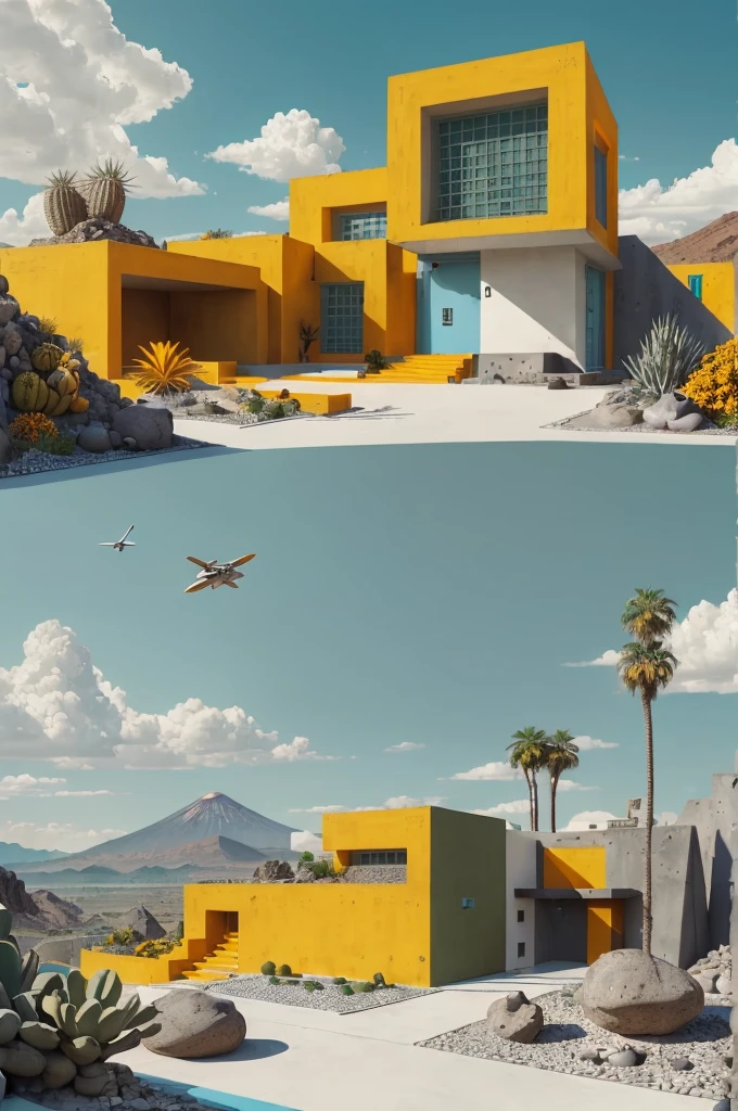 An illustration in collage style, with giant boulders, brutalist building sections, terraces, stairs, cacti, agave, concrete texture, multiple geometric shapes, hatch and cross hatching, planet saturn, volcano, moon, Luis Barragán's architectural style build, milky way galaxy, violet, one motorcycle, An illustration in collage style, with giant boulders, brutalist building sections, stairs, cacti, agave, concrete texture, multiple geometric shapes, hatch and cross hatching, planet saturn, volcano, moon, Luis Barragán's architectural style build, reflective pool, terraces. An elegant and modern build, in top of big boulders, with terraces, materials concrete, wood, steel and crystal, various gardens with tropical vegetation, cacti and rocks, stairs, a pool. In middle of sea, a big wave near, sunset, mountains and a volcano in the horizont, cute islands around, illustration format, cute color palette, detailed, masterpiece, award-winning work, clouds, Illustration, a garden with abundant cacti, ((various organic sculptures)), ((big rocks)), (((multiple sectionsAn illustration in collage style, with giant boulders, brutalist building sections, terraces, stairs, cacti, agave, concrete texture, multiple geometric shapes, hatch and cross hatching, planet saturn, volcano, moon, Luis Barragán's architectural style build, milky way galaxy, violet, one motorcycle, An illustration in collage style, with giant boulders, brutalist building sections, stairs, cacti, agave, concrete texture, multiple geometric shapes, hatch and cross hatching, planet saturn, volcano, moon, Luis Barragán's architectural collage style, detailed, (((color palette (olive green), (Mustard orange), cool grey, ((blue)), black and white))), (((a lot Luis barragán's architecture style builds))) big clouds, volcano in horizon, stairs, in the desert. ((masterpiece, best quality)),illustration,ultra detailed 8k, ((Ori Toor visual style)),soviet, megabuildings, megastructures, buildings, organic steel sculpture