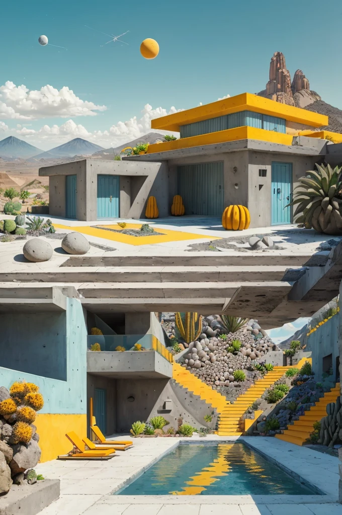 An illustration in collage style, with giant boulders, brutalist building sections, terraces, stairs, cacti, agave, concrete texture, multiple geometric shapes, hatch and cross hatching, planet saturn, volcano, moon, Luis Barragán's architectural style build, milky way galaxy, violet, one motorcycle, An illustration in collage style, with giant boulders, brutalist building sections, stairs, cacti, agave, concrete texture, multiple geometric shapes, hatch and cross hatching, planet saturn, volcano, moon, Luis Barragán's architectural style build, reflective pool, terraces. An elegant and modern build, in top of big boulders, with terraces, materials concrete, wood, steel and crystal, various gardens with tropical vegetation, cacti and rocks, stairs, a pool. In middle of sea, a big wave near, sunset, mountains and a volcano in the horizont, cute islands around, illustration format, cute color palette, detailed, masterpiece, award-winning work, clouds, Illustration, a garden with abundant cacti, ((various organic sculptures)), ((big rocks)), (((multiple sectionsAn illustration in collage style, with giant boulders, brutalist building sections, terraces, stairs, cacti, agave, concrete texture, multiple geometric shapes, hatch and cross hatching, planet saturn, volcano, moon, Luis Barragán's architectural style build, milky way galaxy, violet, one motorcycle, An illustration in collage style, with giant boulders, brutalist building sections, stairs, cacti, agave, concrete texture, multiple geometric shapes, hatch and cross hatching, planet saturn, volcano, moon, Luis Barragán's architectural collage style, detailed, (((color palette (olive green), (Mustard orange), cool grey, ((blue)), black and white))), (((a lot Luis barragán's architecture style builds))) big clouds, volcano in horizon, stairs, in the desert. ((masterpiece, best quality)),illustration,ultra detailed 8k, ((Ori Toor visual style)),soviet, megabuildings, megastructures, buildings, organic steel sculpture