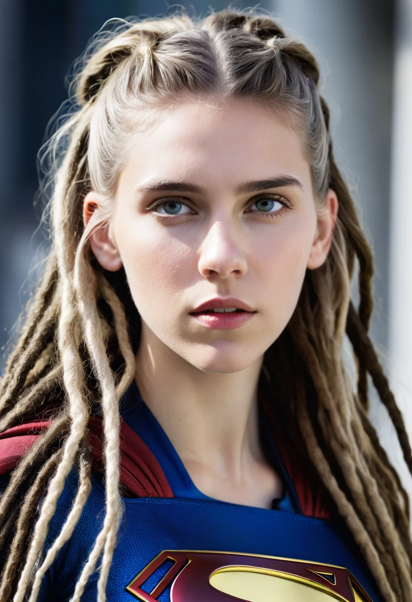 (((Extreme close-up of Gaia Weiss under the mantle of the Kryptonian Kara Zor-aka Supergirl (((Dreadlocks cabello largo))), Splash color images))) 