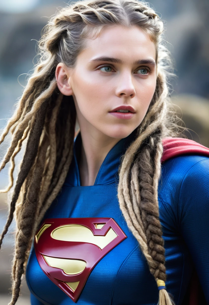 (((Extreme close-up of Gaia Weiss under the mantle of the Kryptonian Kara Zor-aka Supergirl (((Dreadlocks cabello largo))), Splash color images))) 