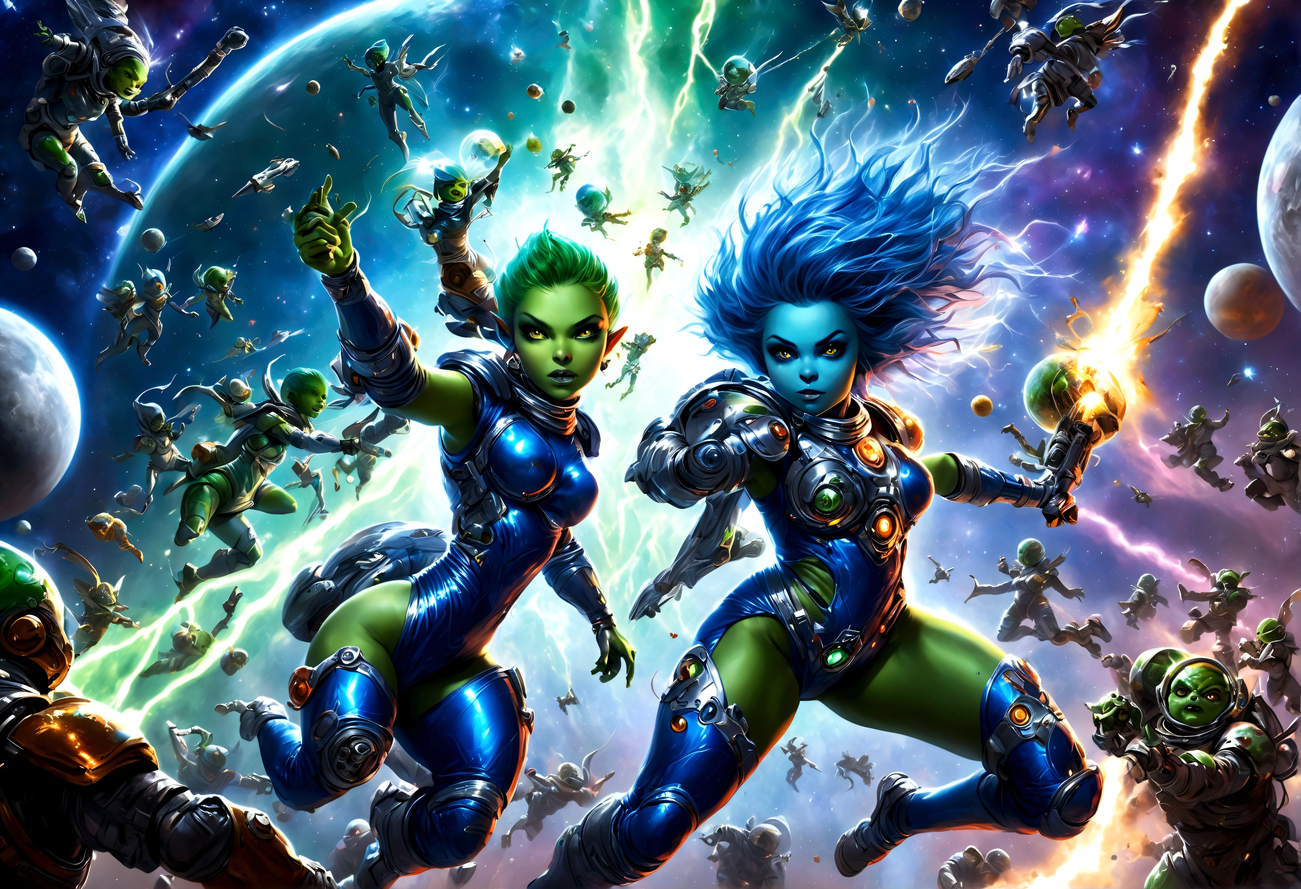 A battle is happening in space. Space fairies (cute women in sparkly blue sexy outfits that leave sparkling magic trails) are shooting lightning at space goblins (hot ugly women, green skin, a little chunky, big tits, wide hips, scrap metal space suits, scrap metal ships, scrap metal weapons, skull insignias) the goblins and fairies are having a epic space battle, magical fight in space
