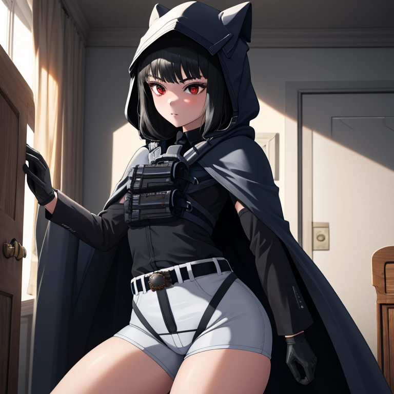 Solo, 1girl, dnikke, long sleeves, hood up, black shirt, gloves, shorts, cloak, cape, belt, tactical clothes, room