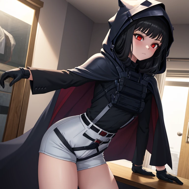 Solo, 1girl, dnikke, long sleeves, hood up, black shirt, gloves, shorts, cloak, cape, belt, tactical clothes, room