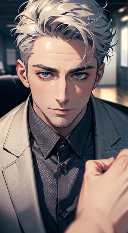 (best quality,4k,8k,highres,masterpiece:1.2),ultra-detailed,(realistic,photorealistic,photo-realistic:1.37),1 man,31 years old,mature man,very handsome,without expression,smile,short grey silver hair,blue eyes,penetrating gaze,perfect face without errors,imposing posture,businessman,office background,cinematic lighting,hdr image