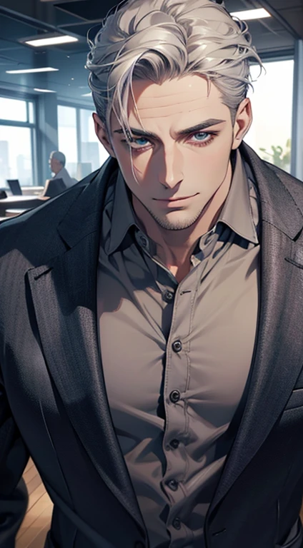 (best quality,4k,8k,highres,masterpiece:1.2),ultra-detailed,(realistic,photorealistic,photo-realistic:1.37),1 man,31 years old,mature man,very handsome,without expression,smile,short grey silver hair,blue eyes,penetrating gaze,perfect face without errors,imposing posture,businessman,office background,cinematic lighting,hdr image