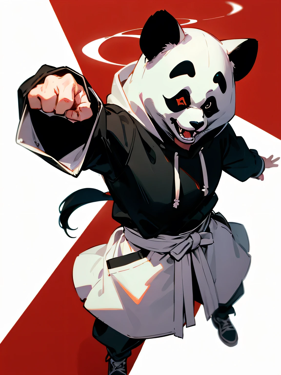 from above:1.3,solo, black hair, eye patch, white panda hoodie, grin, fighting stance, simple white background,
