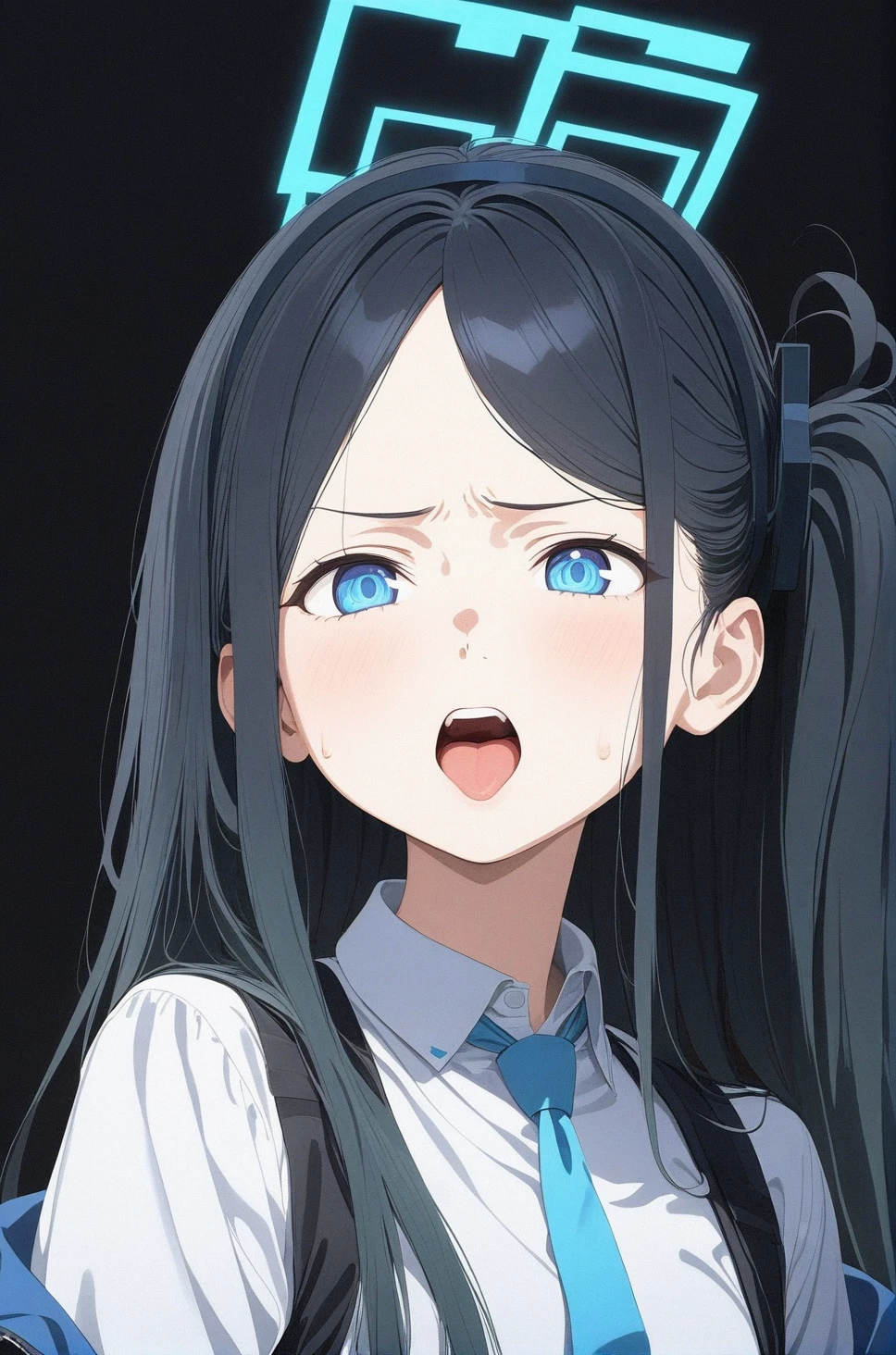 best quality, amazing quality, very aesthetic, absurdres, 1girl, aris (blue archive), blue archive, blue eyes, angry, tongue out, (realistic face), (narrowed eyes), (cowboy shot), ), torn dress, (thigh), expressive eyes, perfect face, 4k, extremely detailed anime illustration, extremely detailed eyes, enhanced details, perfect anatomy, light rays, photo background, extremely delicate body, smooth skin, feminine expression, (black background:1.5), cristal clear eyes, beautiful face,