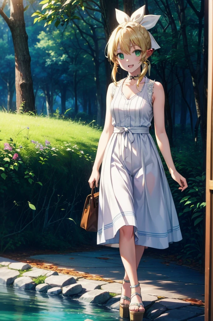 Suguhakirigaya, Suguhakirigaya, Long Hair,Blonde,Green Eyes,Pointy Ears,happy smile, smile, Open your mouth,hair ribbon,ponytail,White sleeveless dress, bare arms,Green long skirt,Cute Sandals,Walking,Clear skies,whole bodyがイラストに入るように,There are a lot of trees,
break outdoors, nature, forest, river,forest林,
break looking at viewer, whole body,
break (masterpiece:1.2), Highest quality, High resolution, unity 8k wallpaper, (shape:0.8), (Beautiful attention to detail:1.6), Highly detailed face, Perfect lighting, Extremely detailed CG, (Perfect hands, Perfect Anatomy),