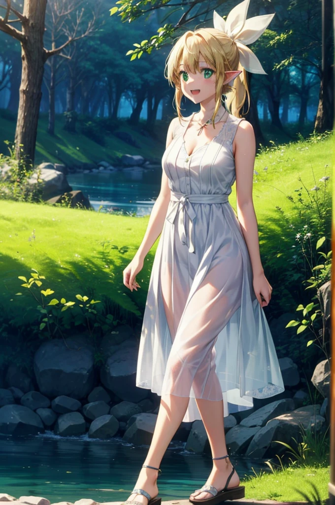 Suguhakirigaya, Suguhakirigaya, Long Hair,Blonde,Green Eyes,Pointy Ears,happy smile, smile, Open your mouth,hair ribbon,ponytail,White sleeveless dress, bare arms,Green long skirt,Cute Sandals,Walking,Clear skies,whole bodyがイラストに入るように,There are a lot of trees,
break outdoors, nature, forest, river,forest林,
break looking at viewer, whole body,
break (masterpiece:1.2), Highest quality, High resolution, unity 8k wallpaper, (shape:0.8), (Beautiful attention to detail:1.6), Highly detailed face, Perfect lighting, Extremely detailed CG, (Perfect hands, Perfect Anatomy),