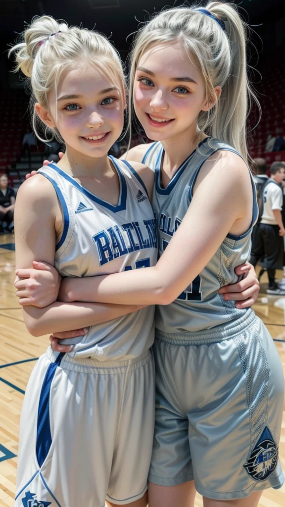 14 year old girl with white hair up, light blue eyes, white skin basketball player smiling hugging teammate full body