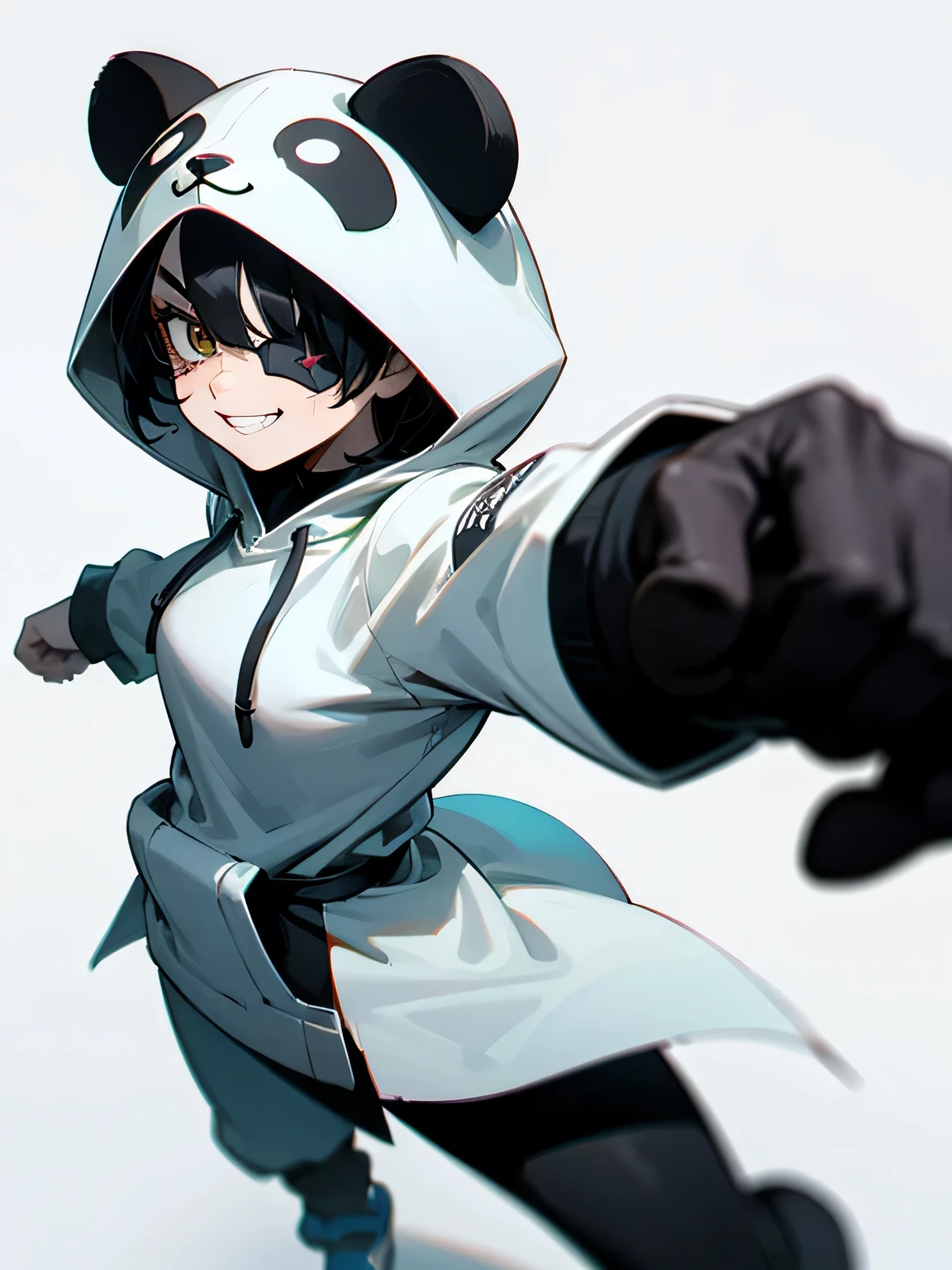 from above:1.3,solo,  black hair, eye patch, white panda hoodie, grin, fighting stance, simple white background,