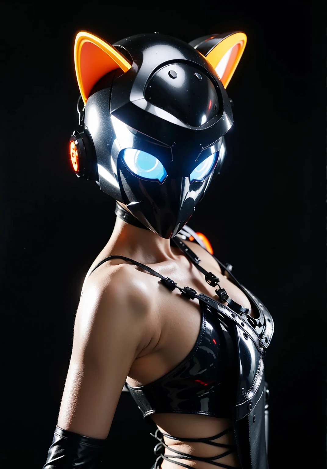 Fantasy cyberpunk world，1 Mechanical wonder，Defending world order；Samurai Mechanical Armor，Equip transparent weapons，Streamlined black and red design，Draped in a black cloak，A large portion，Suitable for one person，Highest quality art，8K ultra-high resolution，Dynamic Lighting，Just as brilliant，Vibrant colors，Wear a high-tech steel suit，Wearing a cyberpunk space helmet，Luminous Mechanical Protective Mask，Future high-tech mechanical armor，Ex Machina，Glowing mechanical helmet