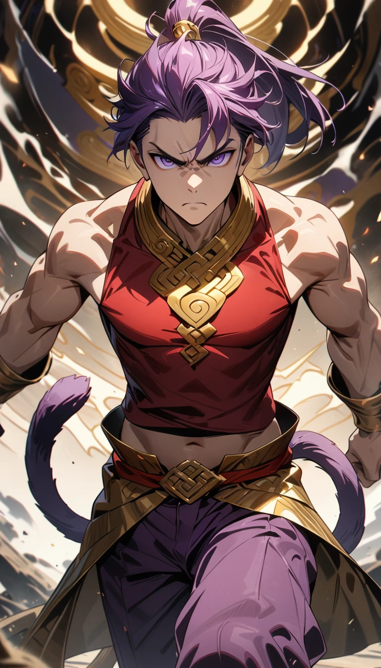 Adult guy, short purple hair, high ponytail, purple eyes, monkey tails, small muscles, purple pants, red tight top, sleeveless, open belly, wide neckline, golden elements, serious look, Monkey King, Masterpiece, best quality, Full HD, 8k, ultra details, great graphic