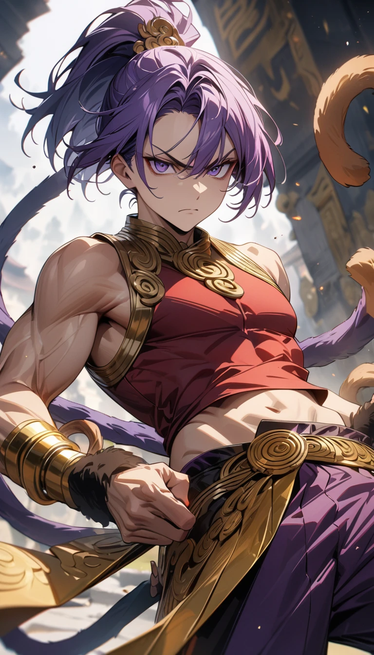 Adult guy, short purple hair, high ponytail, purple eyes, monkey tails, small muscles, purple pants, red tight top, sleeveless, open belly, wide neckline, golden elements, serious look, Monkey King, Masterpiece, best quality, Full HD, 8k, ultra details, great graphic