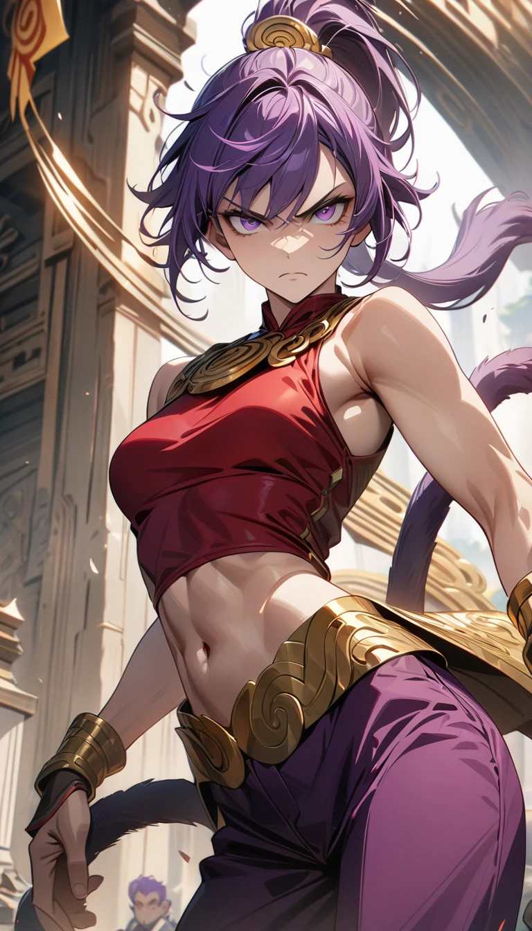 Adult guy, short purple hair, high ponytail, purple eyes, ey tails, small muscles, purple pants, red tight top, sleeveless, open belly, wide neckline, golden elements, serious look, Monking, Masterpiece, best quality, Full HD, 8k, ultra details, great graphic