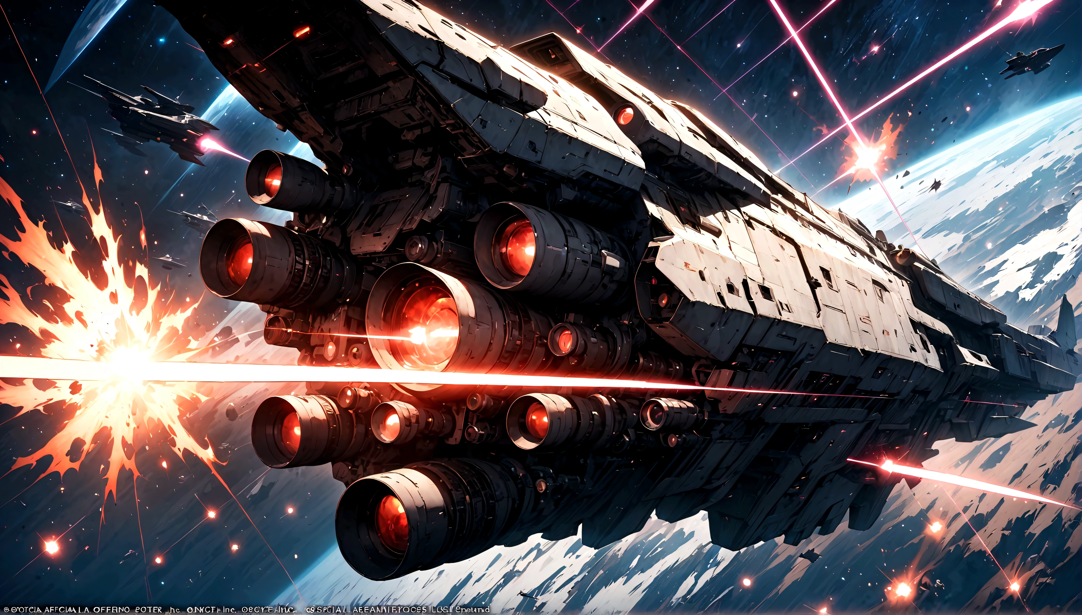 (masterpiece, top quality, best quality, official art, beautiful and aesthetic:1.2), cinematic shot, space warship, war, shooting laser beam, Hollywood sci-fi movie, epic composition, epic proportion, space background, HD