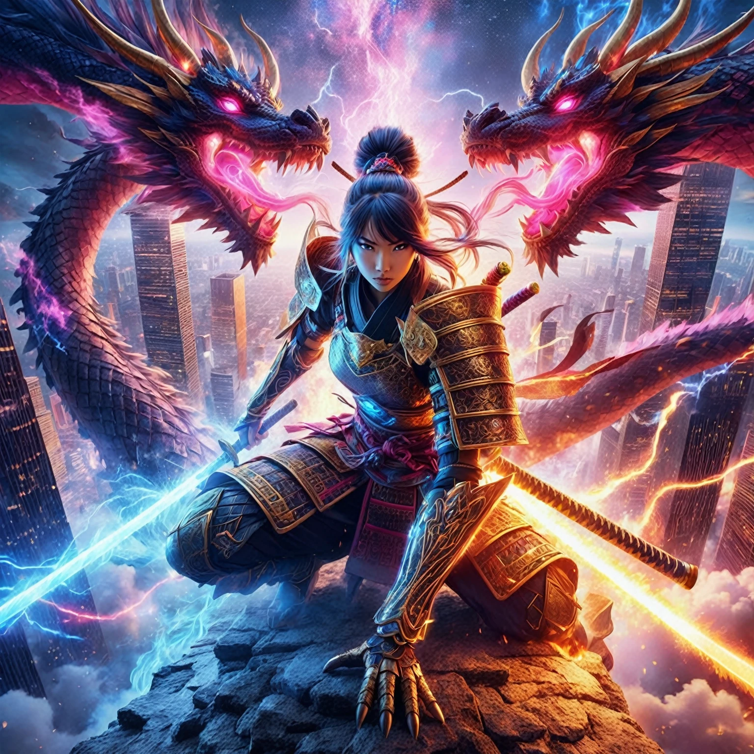 Angle shot of high ground, skyscrapers on low ground, portrait of an beautiful female samurai warrior fighting with the three of giant dragon, The dragon amazing flame burst fire, facing the camera, angry, body decorated with glowing gold runes, pink and blue glowing aura around her, dynamic body epic action pose, full body WARIOR armor, jet black smoke feathers, the pink and blue milky way at night, lightning flash, intricate details surreal fantasy warior art, 16k.