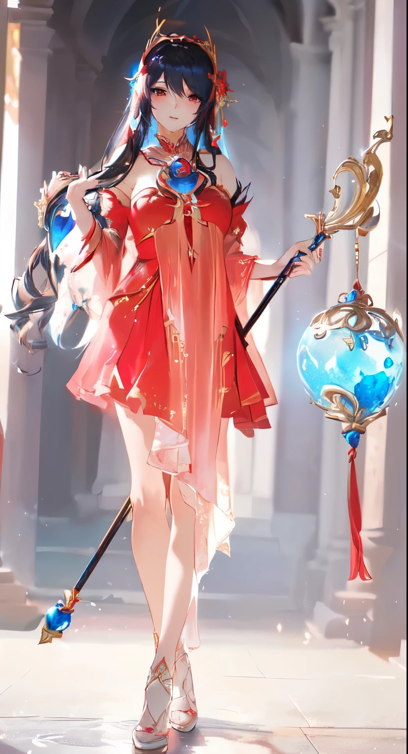 A woman in a red dress holds a magic wand and a blue ball, Gorgeous role-playing, Beautiful celestial magician, Anime Goddess, Anime Girl Cosplay, Ahri from League of Legends, Anime role playing, Irelia in League of Legends, Holding a magic wand, A stunning young ethereal figure, Jellyfish Miko, Vibrant fantasy style, Inspired by Lan Ying