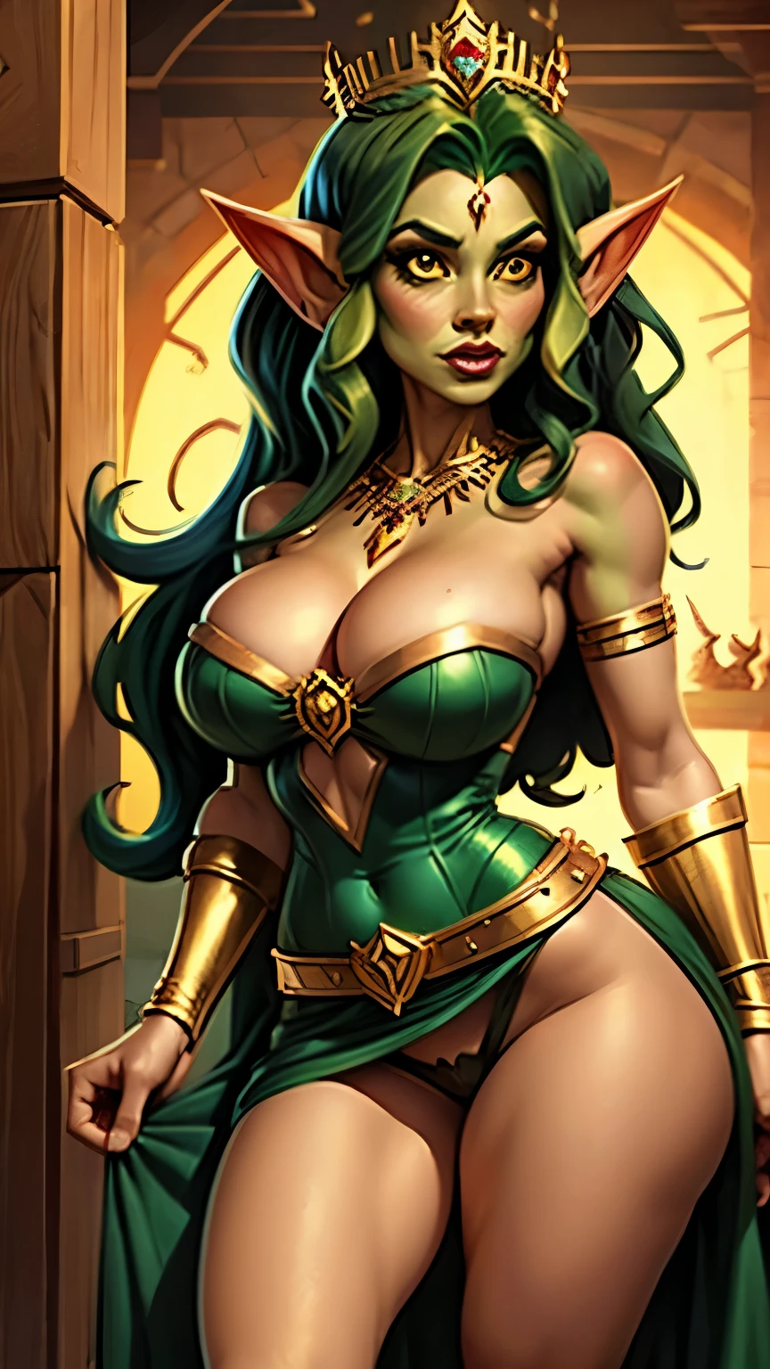 queen goblin maiden, big green hair, casual gold queen dress with gold cutout, belt and necklace. busty, big-ass, must be a beautiful woman, sensuous. comic style