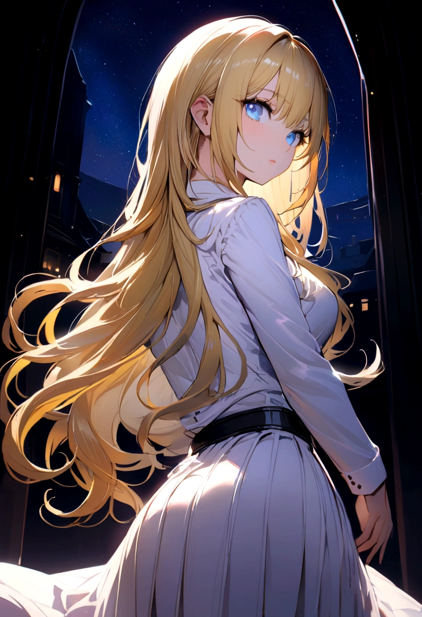 (Highest quality)(1 woman,single,long hair,golden hair,blue eyes,sexy figure ,White suit shirt,white skirt,Turn to look at the viewer,Beautiful lighting.(Detailed background (little light pollution)) look back