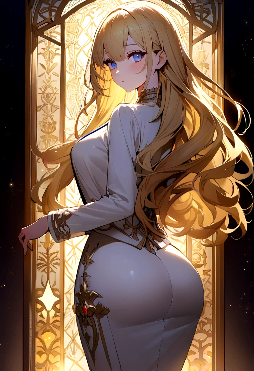 (Highest quality)(1 woman,single,long hair,golden hair,blue eyes,sexy figure ,White suit shirt,white skirt,Turn to look at the viewer,Beautiful lighting.(Detailed background (little light pollution)) look back 