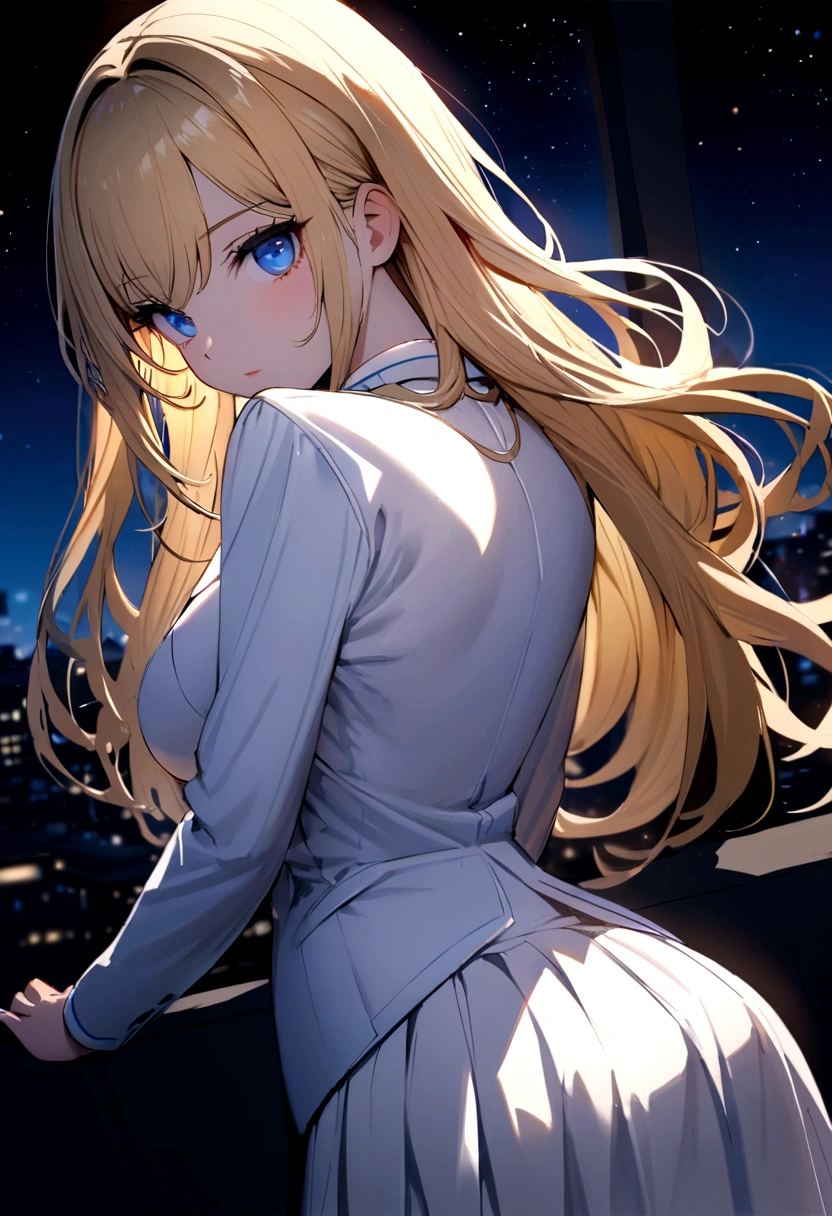 (Highest quality)(1 woman,single,long hair,golden hair,blue eyes,sexy figure ,White suit shirt,white skirt,Turn to look at the viewer,Beautiful lighting.(Detailed background (little light pollution)) look back 