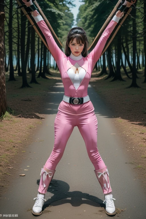 pink theme,pink ranger suit、curvy, big breats, full body, tied on Saint Andrew's cross in X position