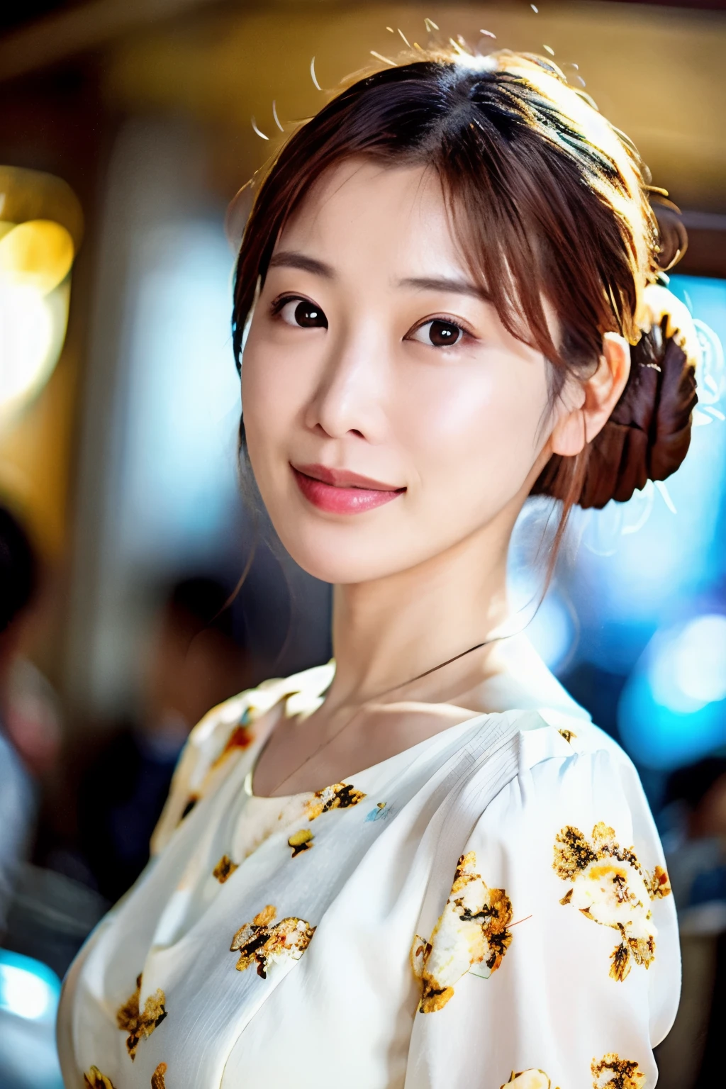 photoshoot by deborahWolf1, A skinny Japanese woman, (brown hair), (hair with elegant bun), cute face, detailed face, detailed eyes, detailed skin texture, (blush:0.2), (goosebumps:0.3), (White floral dress), underground scattering, Photorealistic, Hyperrealistic, hyperdetailed, analog style , tilted hip, demure, detailed skin, matte skin, soft lighting, subterranean scattering, realistic, heavy shadow, artwork, Best quality, ultra realistic, 8k, golden ratio, intricate, high detail, film photography, soft focus, stem, (({full|upper} body photo))