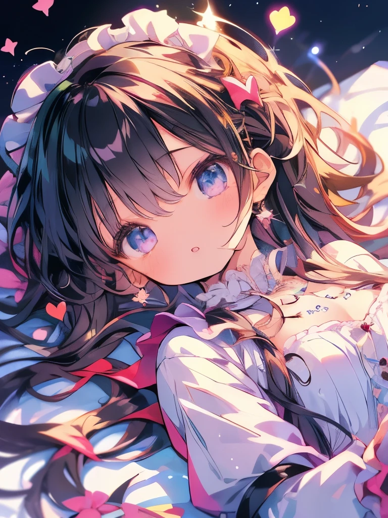 Masterpiece、girl、Long Hair、Sparkling eyeaid服、Maid、((Lie on your back))、Light background、Lots of hearts、Upper Body、(((Composition from above)))