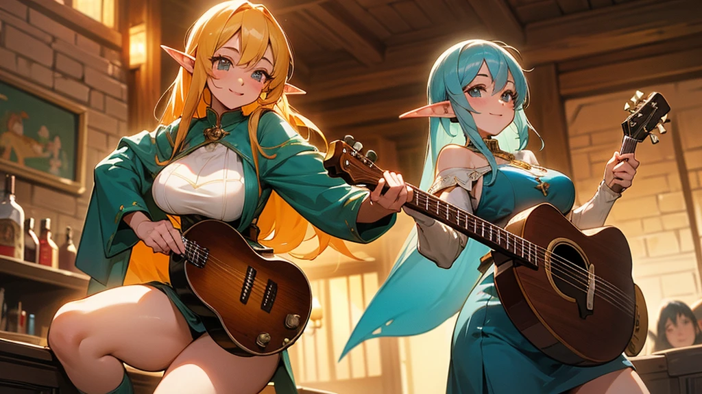 Anime Style,Nostalgic,Detailed background,The medieval world,A lively bar with lots of people,Beautiful twilight bard smiling beautiful girl elf,guitar,Large Breasts,Healthy thighs