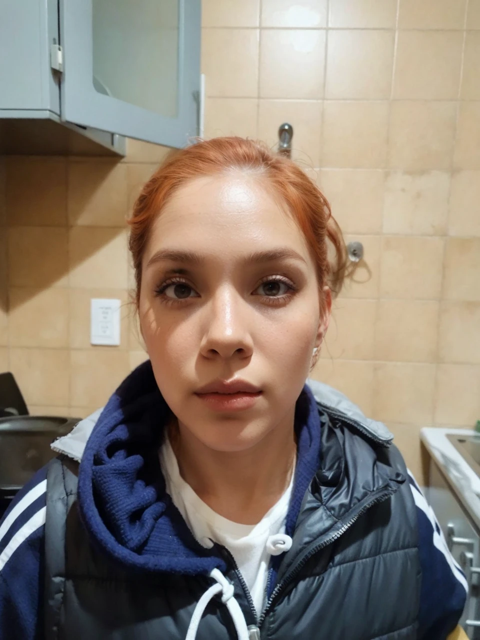 Short loose hair reddish hair discreet makeup
