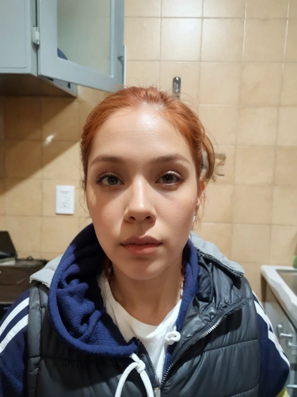 Short loose hair reddish hair discreet makeup